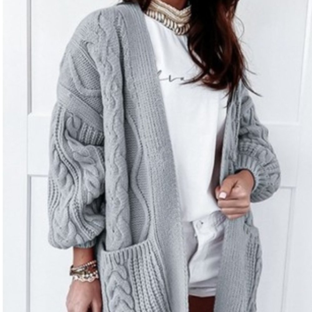 Gray Women's Knitted Woven Pocket Cardigan